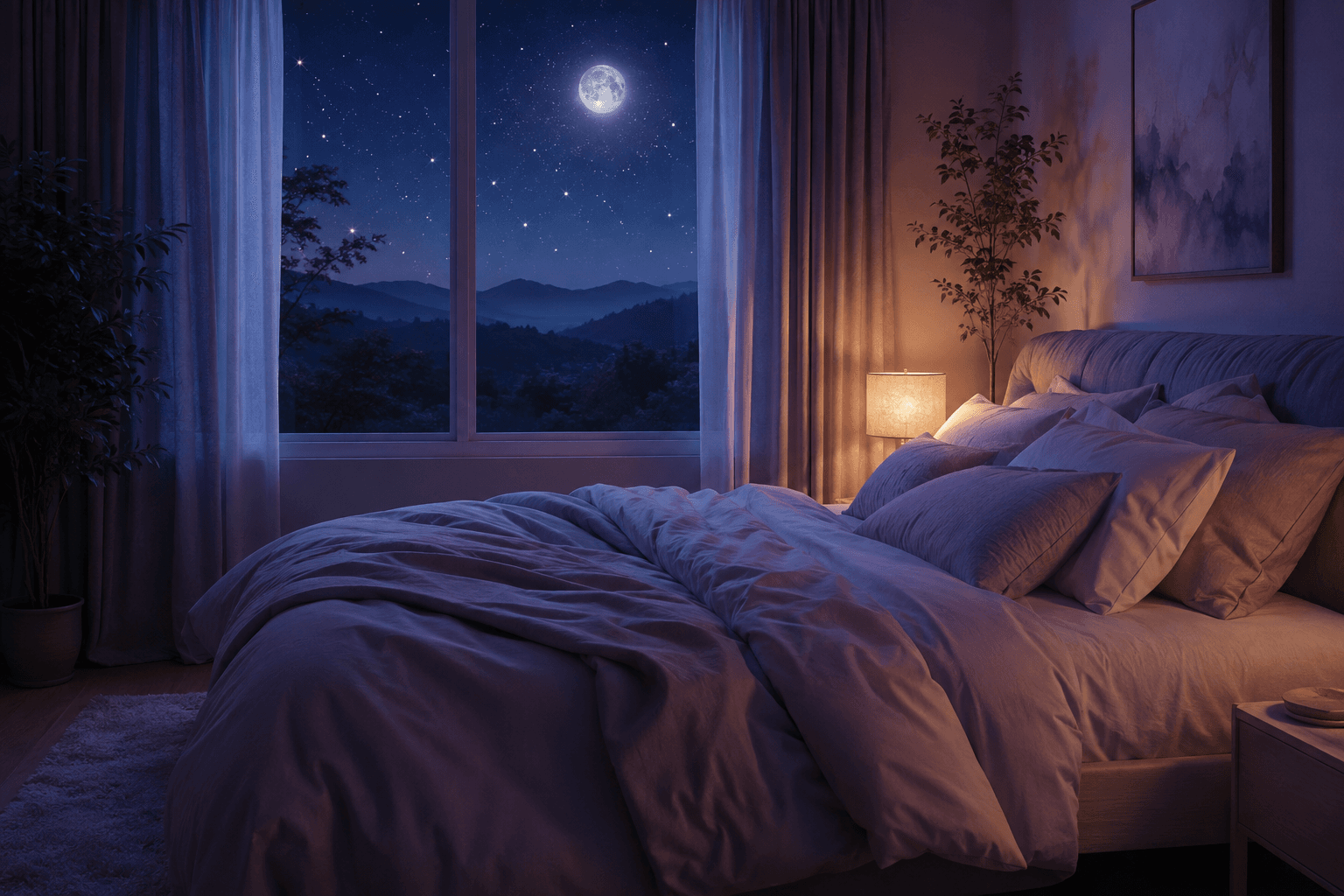 Chambre paisible la nuit sous un ciel étoilé, ambiance propice à un sommeil serein et réparateur