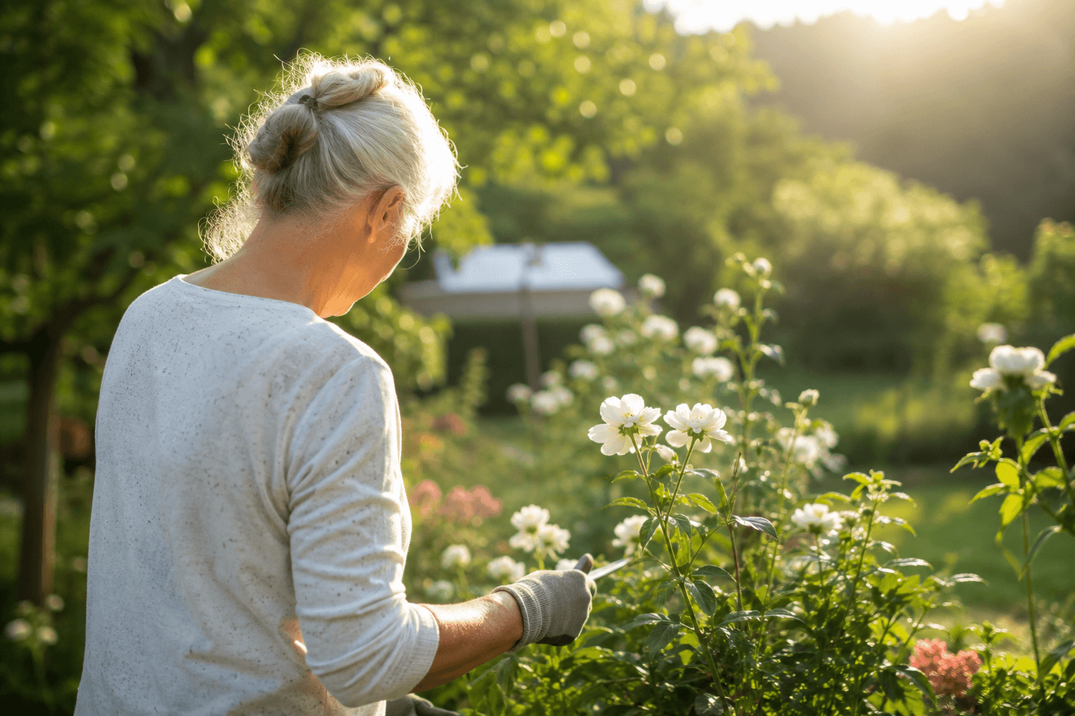 Personne âgée sereine et active profitant d'une matinée ensoleillée dans un jardin, illustrant le bien vieillir