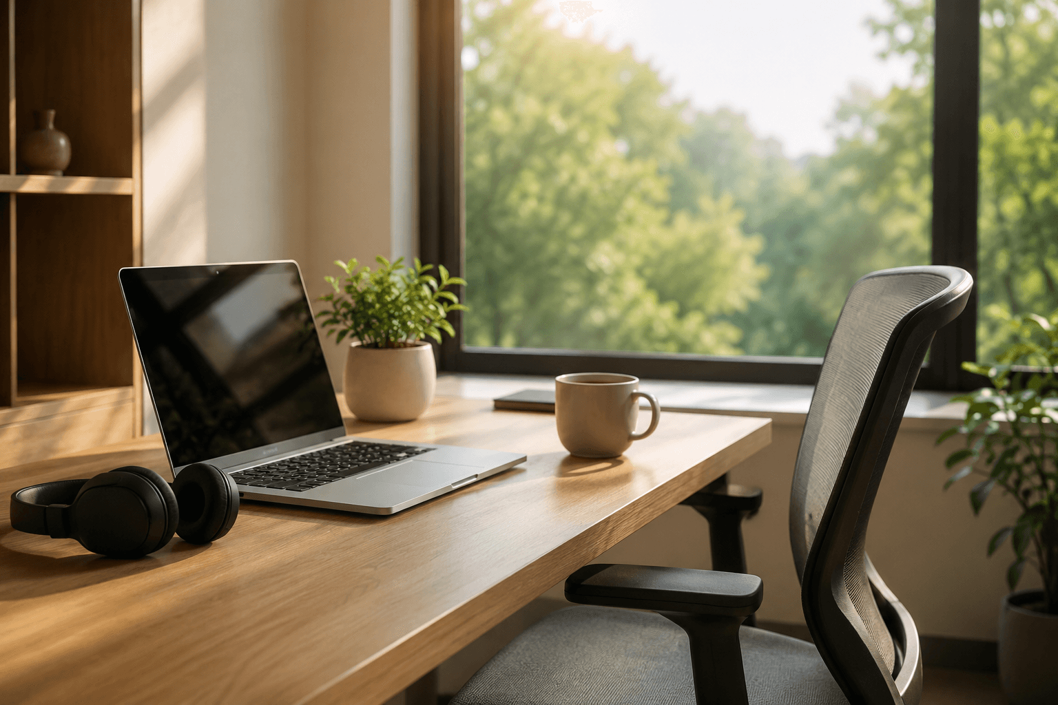 Bureau minimaliste et lumineux propice a la concentration et au travail profond