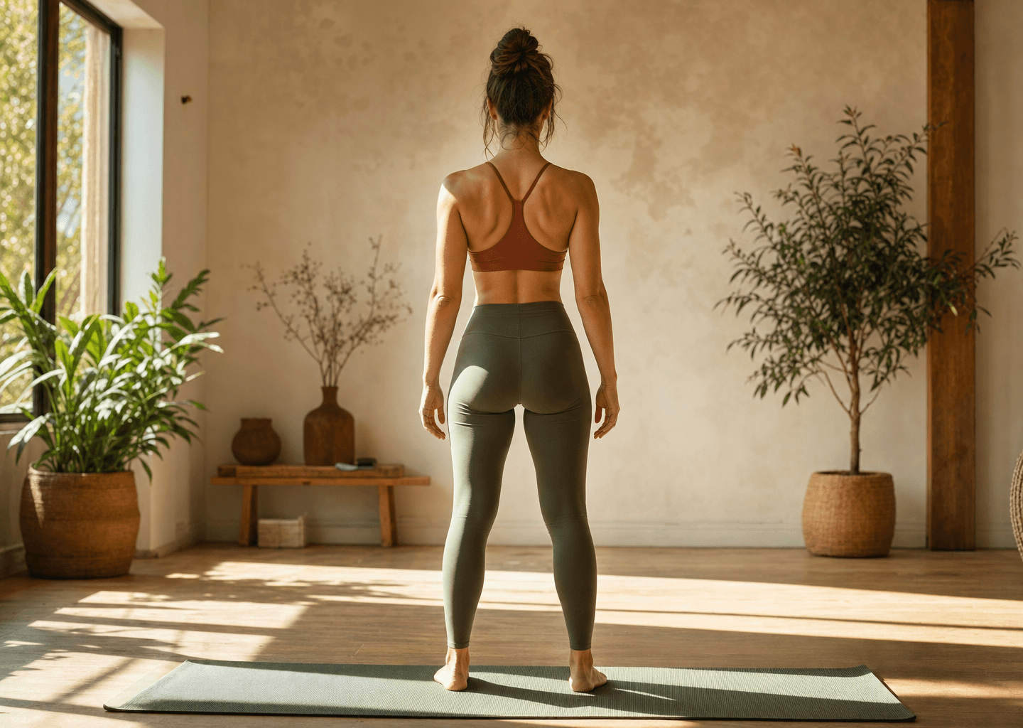 Femme vue de dos en posture droite et ouverte sur un tapis, dans un studio lumineux, évoquant confiance en soi et acceptation du corps