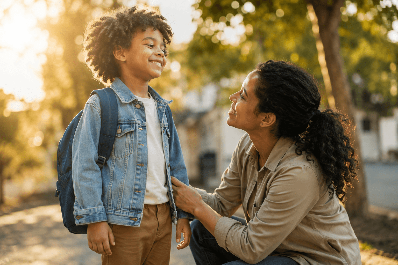 Enfant confiant et epanoui partageant un moment complice avec son parent, dans une lumiere chaleureuse