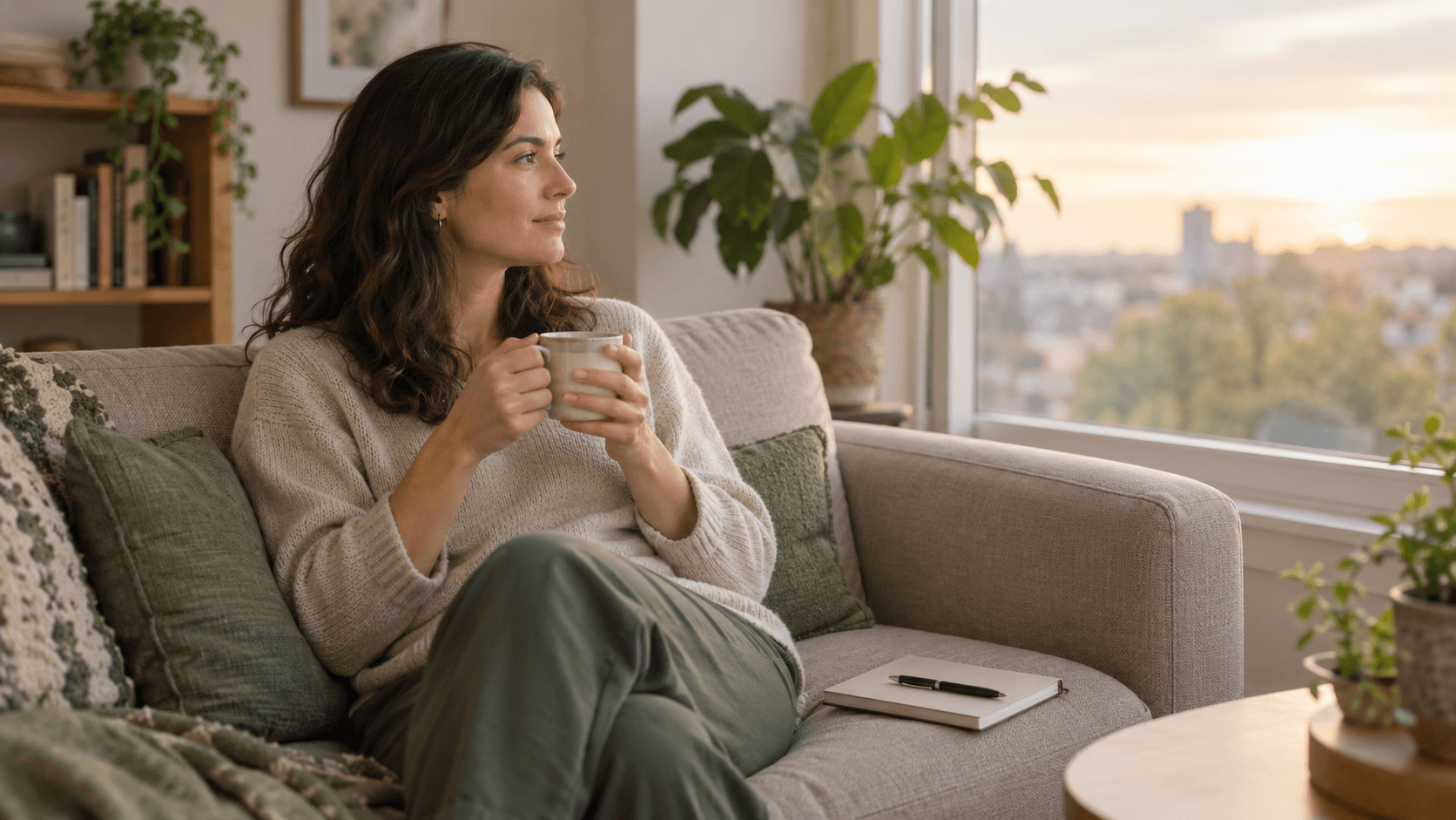 Femme d’une trentaine d’années assise sur un canapé, une tasse de thé à la main, regardant pensivement par la fenêtre