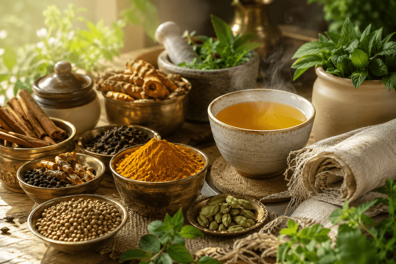 Épices et plantes ayurvédiques disposées dans des bols en laiton sur une table en bois clair, ambiance chaleureuse évoquant une consultation ayurvédique
