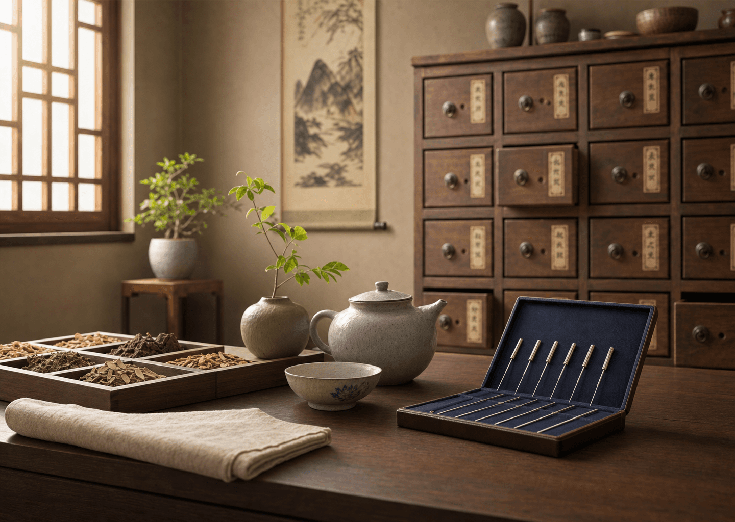 Cabinet de médecine traditionnelle chinoise épuré avec tiroirs d'herboristerie en bois, aiguilles d'acupuncture et théière