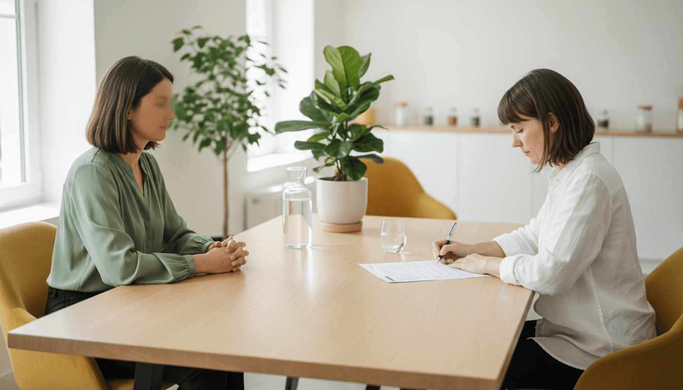Une naturopathe et sa cliente de profil de part et d'autre d'un bureau, questionnaire d'anamnèse