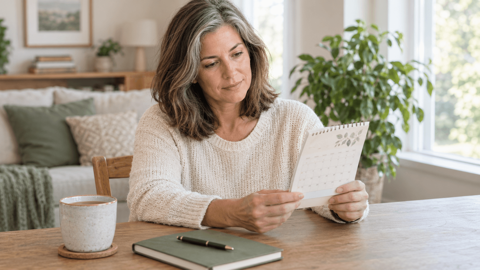 Femme d'une cinquantaine d'années assise près d'une fenêtre, consultant un petit calendrier papier avec une tasse de thé