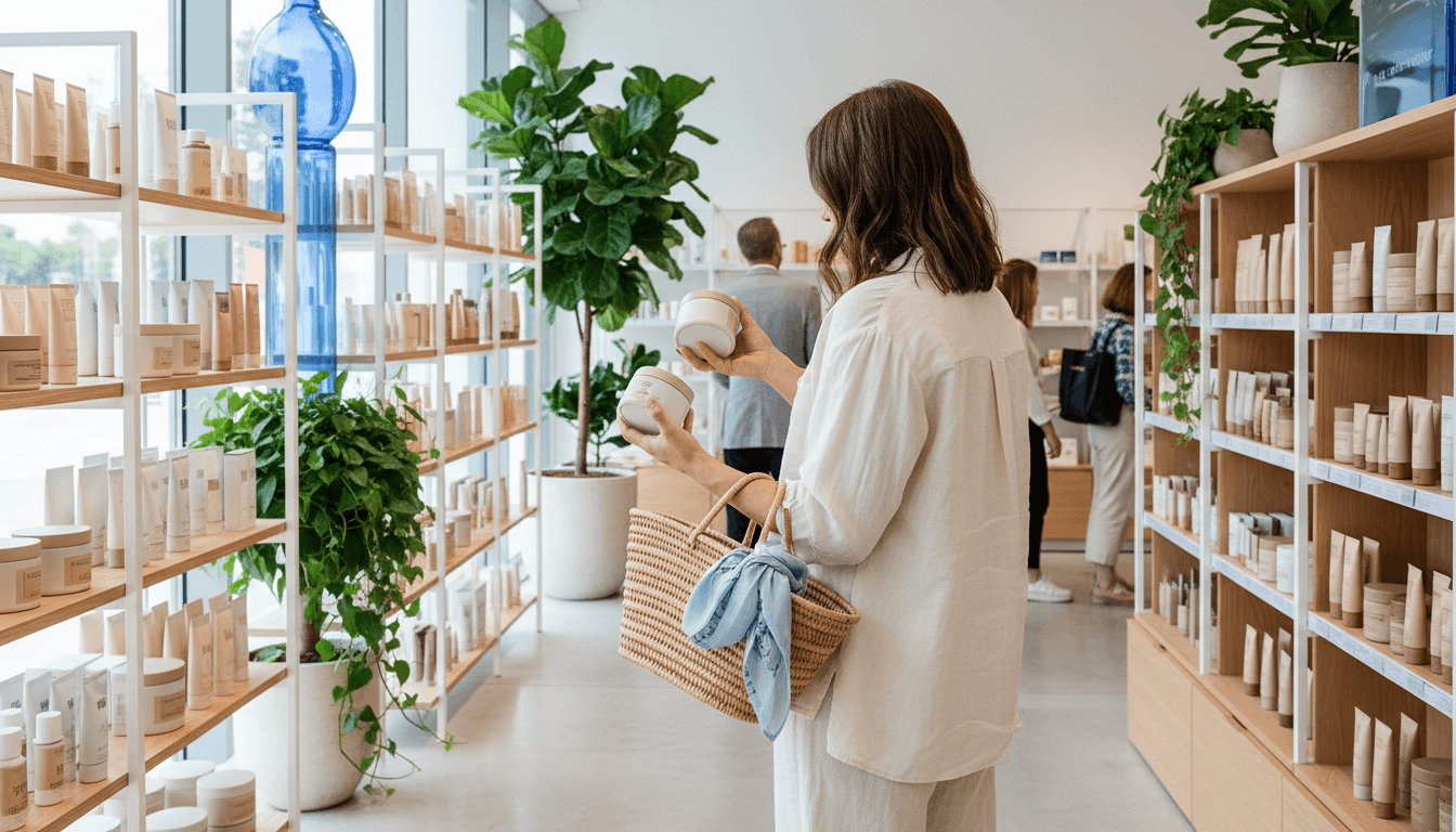 Femme de dos dans un rayon comparant deux pots de crème sans étiquette, panier au bras devant les étagères