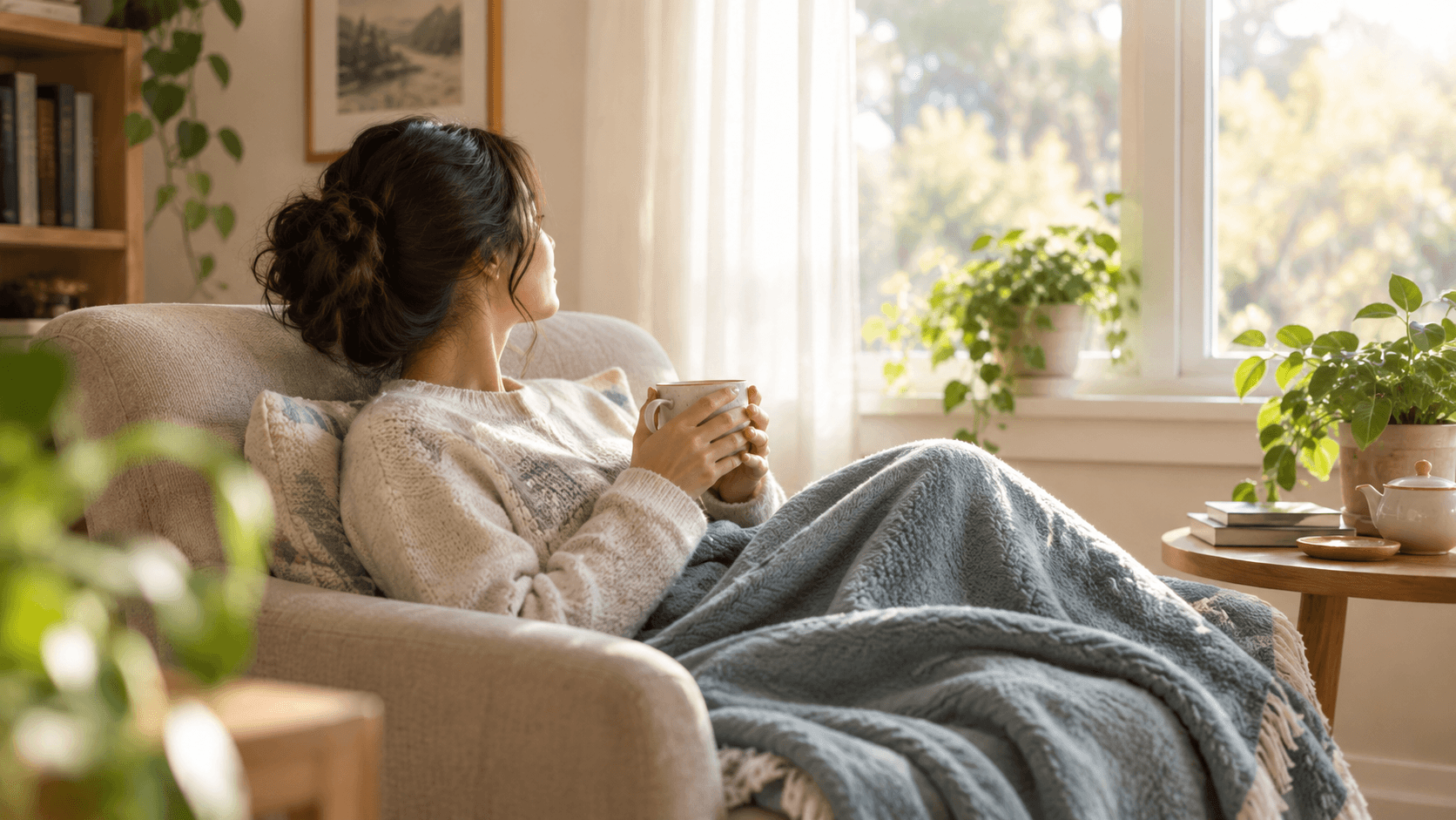 Personne se reposant chez elle en convalescence après un covid long, dans une lumière douce et apaisante