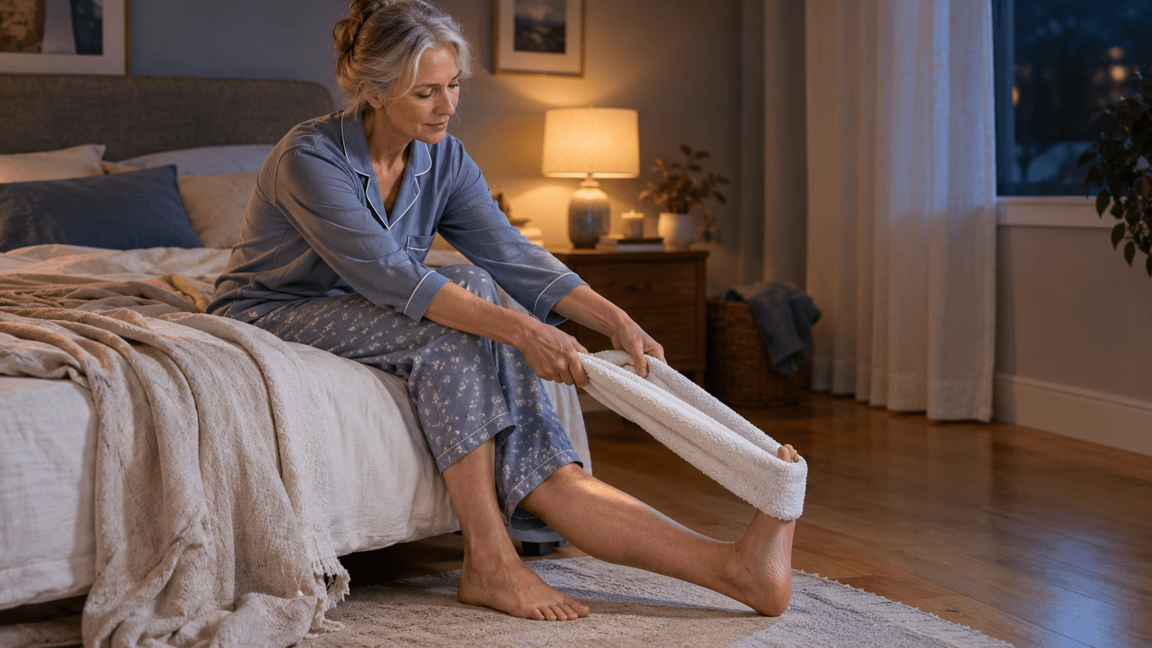 Femme assise au bord du lit la nuit, étirant son mollet avec une serviette autour du pied pour prévenir les crampes nocturnes