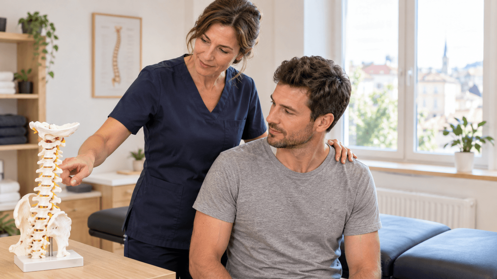 Chiropracteure expliquant un modèle de colonne cervicale à un patient assis, les mains posées sur ses épaules, en cabinet