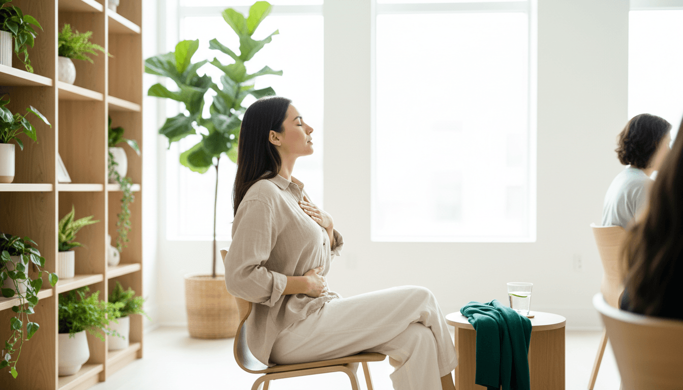 Femme assise de profil, une main sur la poitrine et une sur le ventre, verre d'eau à côté d'elle