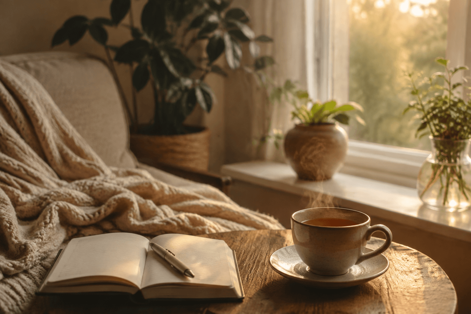 Coin cosy et apaisant près d'une fenêtre lumineuse avec une tasse de thé, évoquant l'introspection bienveillante et l'auto-compassion