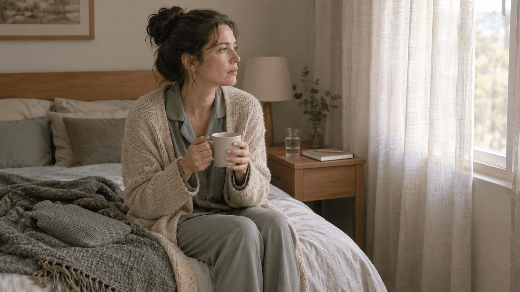 Jeune femme en pyjama assise au bord du lit à l’aube, tasse de tisane en main, bouillotte posée sur la couette