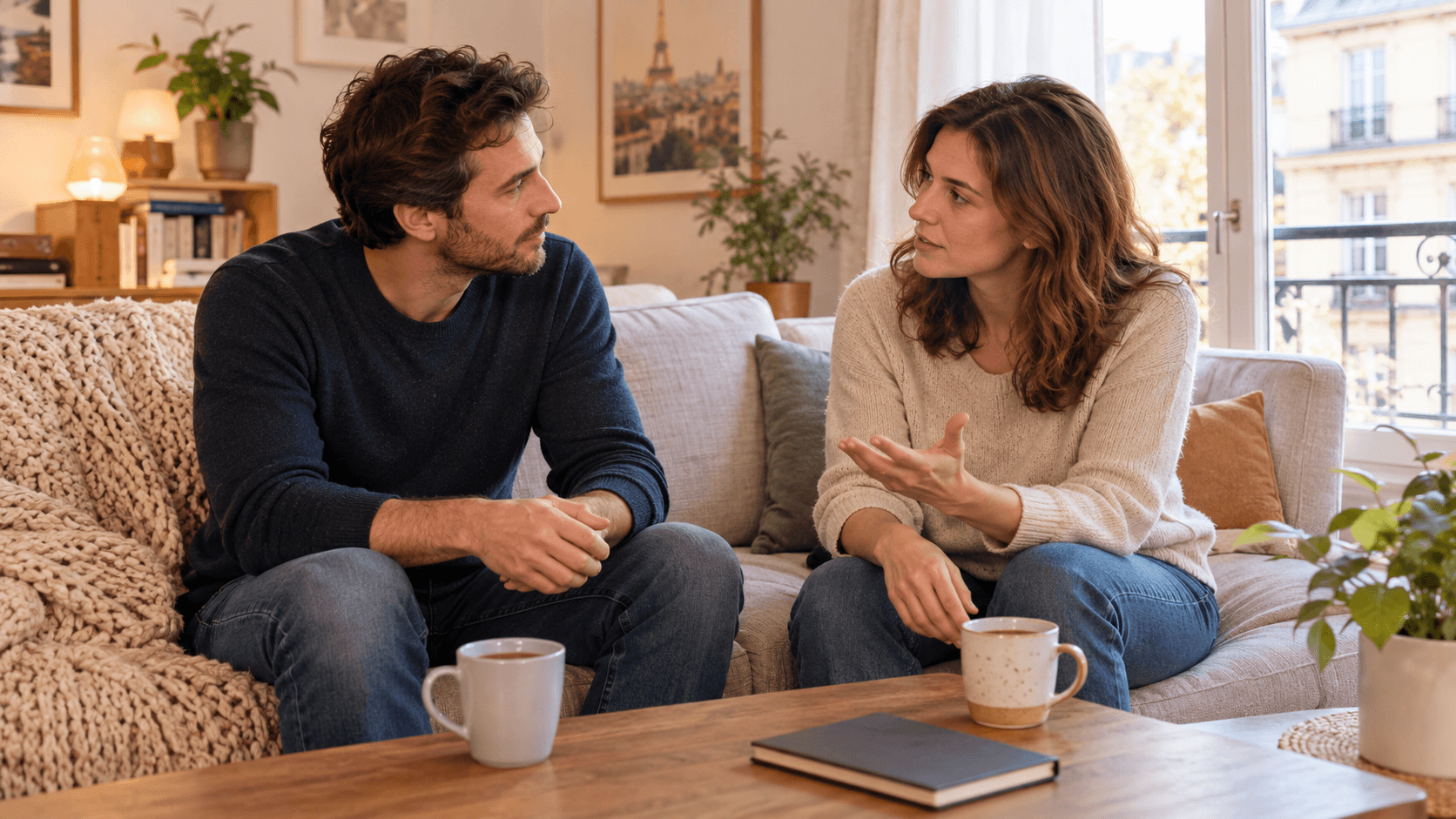 Couple adulte habillé assis sur un canapé, en discussion calme et bienveillante dans un salon lumineux, deux tasses de thé