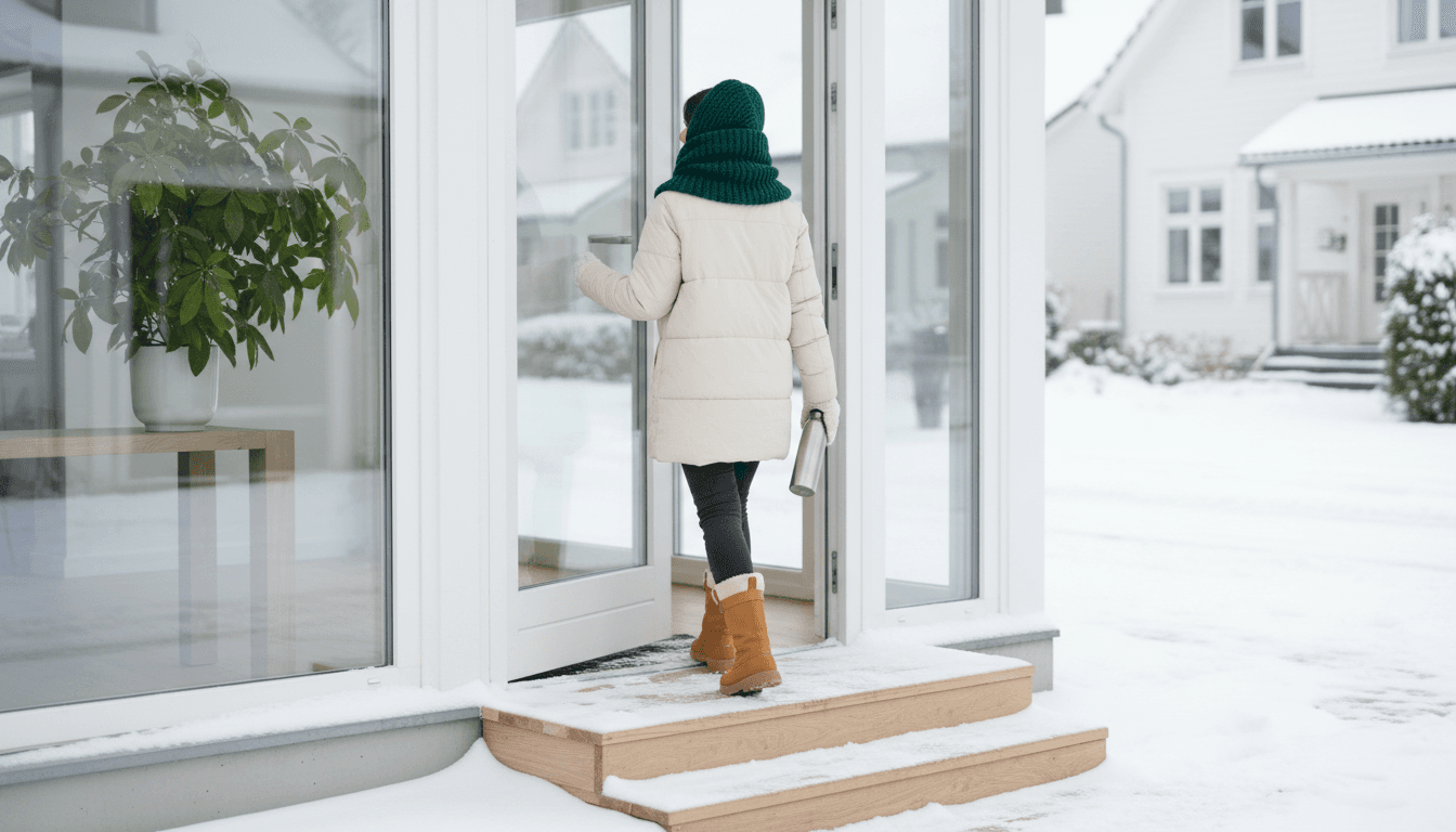 Une femme de dos franchit sa porte d'entrée vers une rue enneigée, thermos à la main