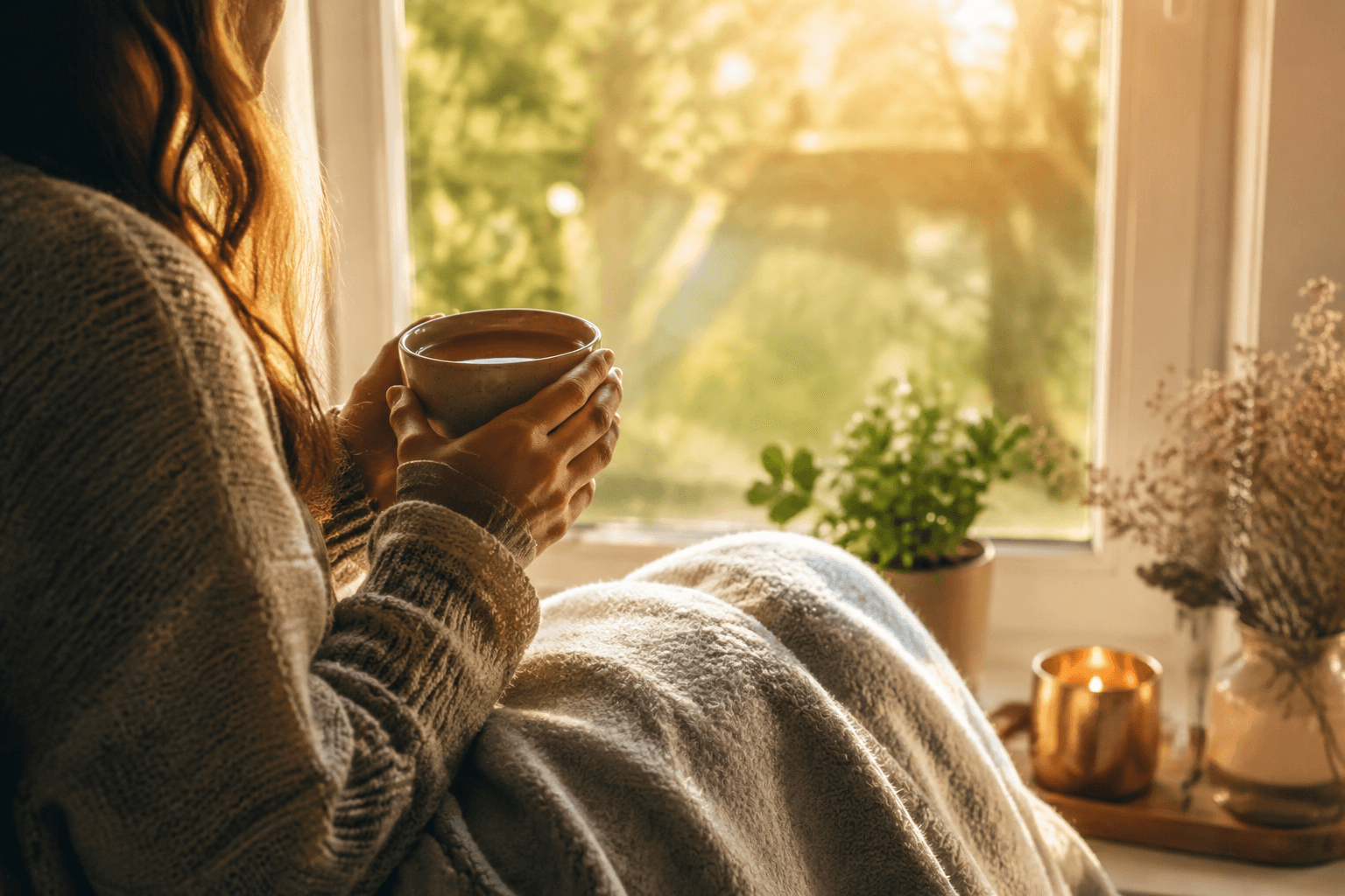 Personne apaisée assise près d'une fenêtre dans une lumière douce, une tasse chaude à la main, évoquant l'espoir et le rétablissement émotionnel