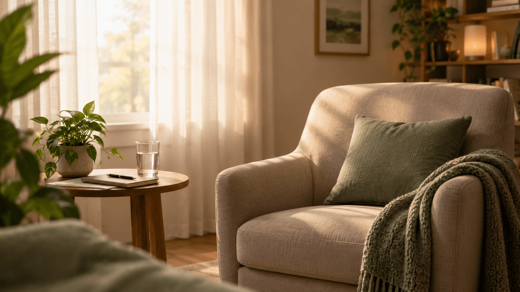 Fauteuil confortable et lumière douce dans une pièce calme, ambiance apaisante d'une séance de désensibilisation sous hypnose