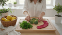 Vue plongeante sur des mains disposant brocoli, betterave et persil sur une planche à découper