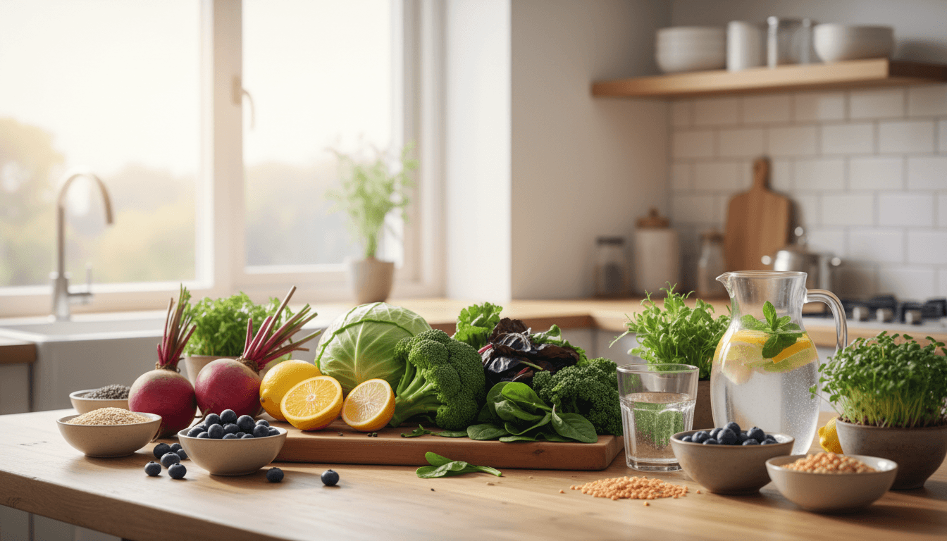 Plan de travail lumineux garni de brocoli, chou, agrumes, betterave, baies, eau citronnée et légumineuses, évoquant une alimentation qui soutient les organes d'élimination