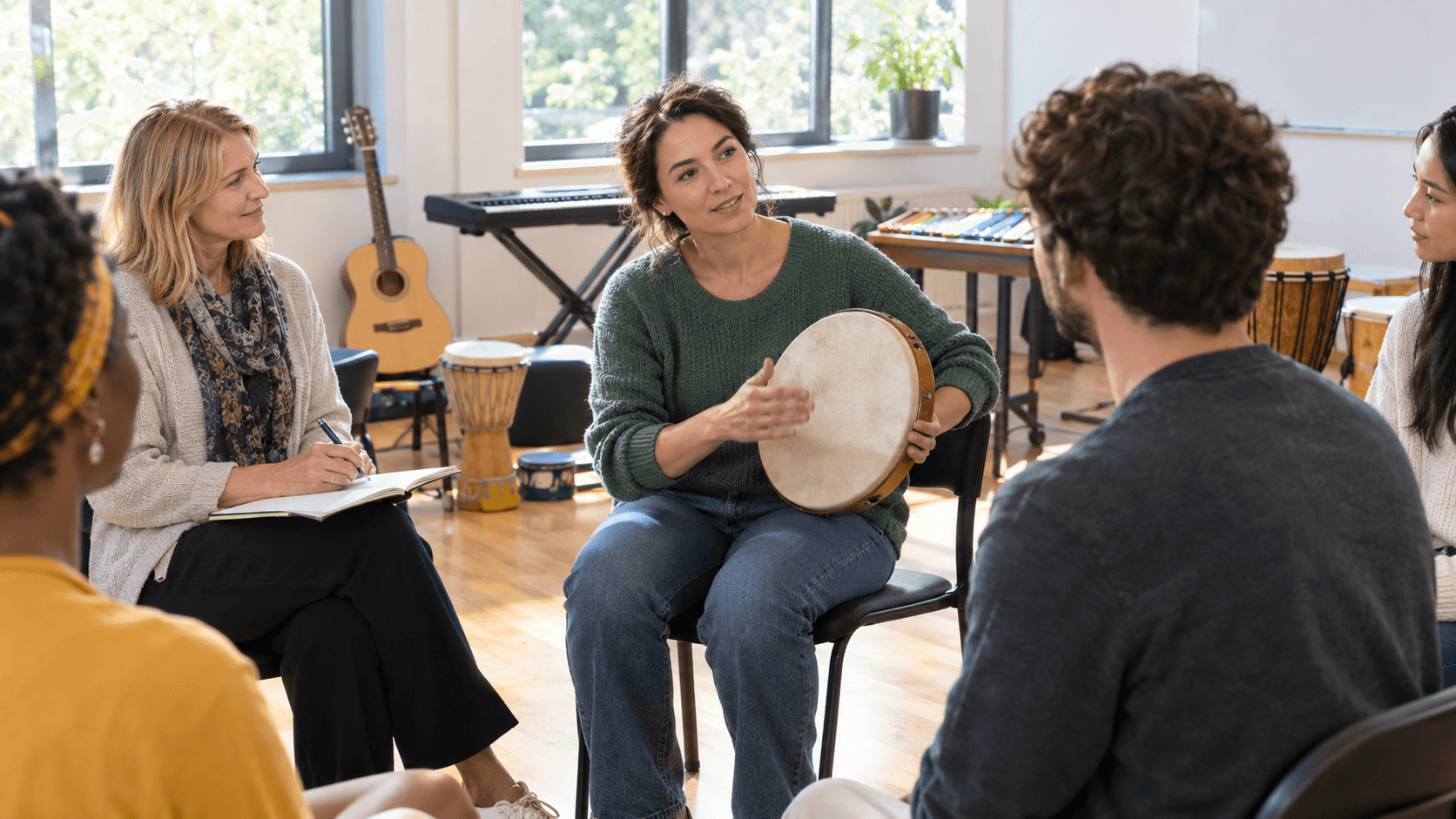 Étudiante en musicothérapie jouant d’un tambour face à un pair, observée par un formateur dans une salle lumineuse