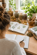 Bureau lumineux d'étude en naturopathie avec livres de botanique, bocaux de plantes séchées et notes manuscrites
