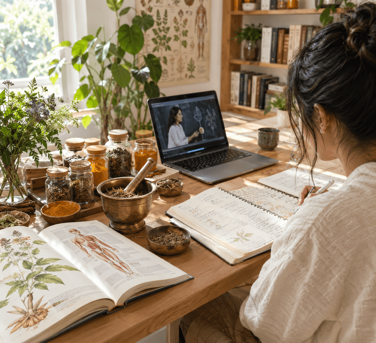 Bureau d'étude en bois clair avec livres, mortier en laiton et pots d'épices ayurvédiques pour la formation en Ayurvéda
