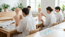 Des étudiants vus de dos repèrent des points sur un mannequin d'acupuncture en salle de formation