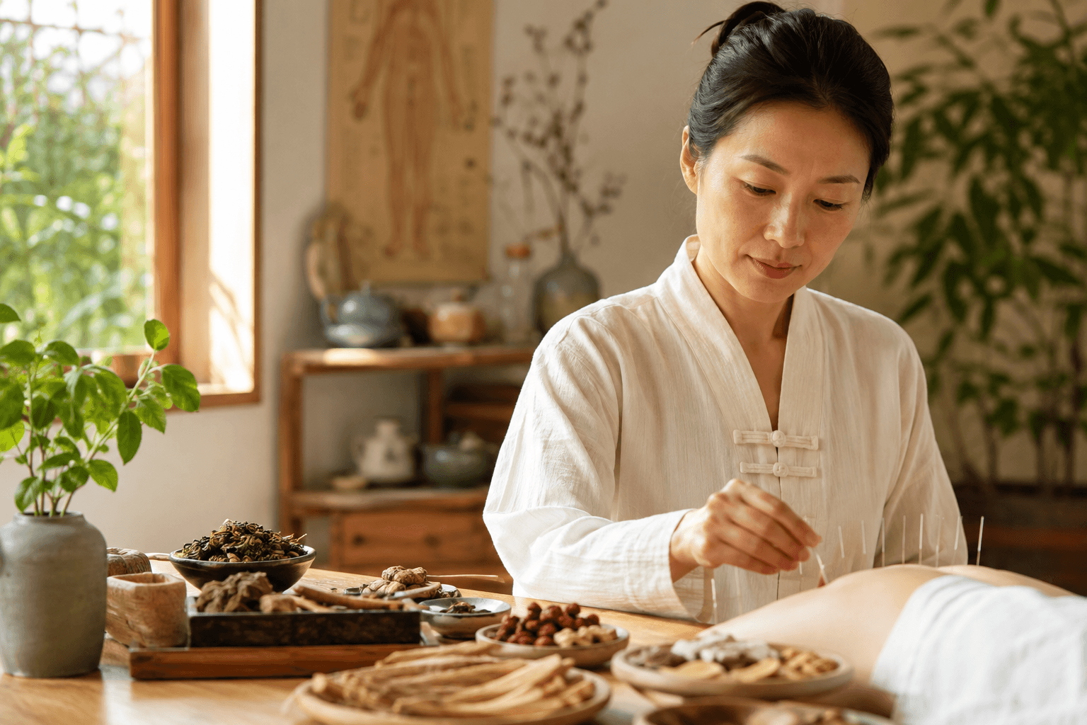 Praticienne en médecine traditionnelle chinoise dans un cabinet lumineux, aiguilles d'acupuncture et plantes médicinales chinoises disposées sur une table en bois