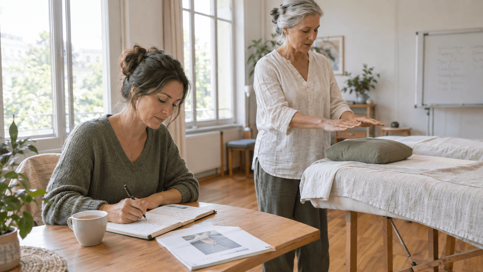 Formatrice Reiki montrant une position des mains à une stagiaire qui prend des notes dans une salle de formation lumineuse
