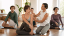 Professeure de yoga guidant un petit groupe d'élèves lors d'une formation dans un studio lumineux
