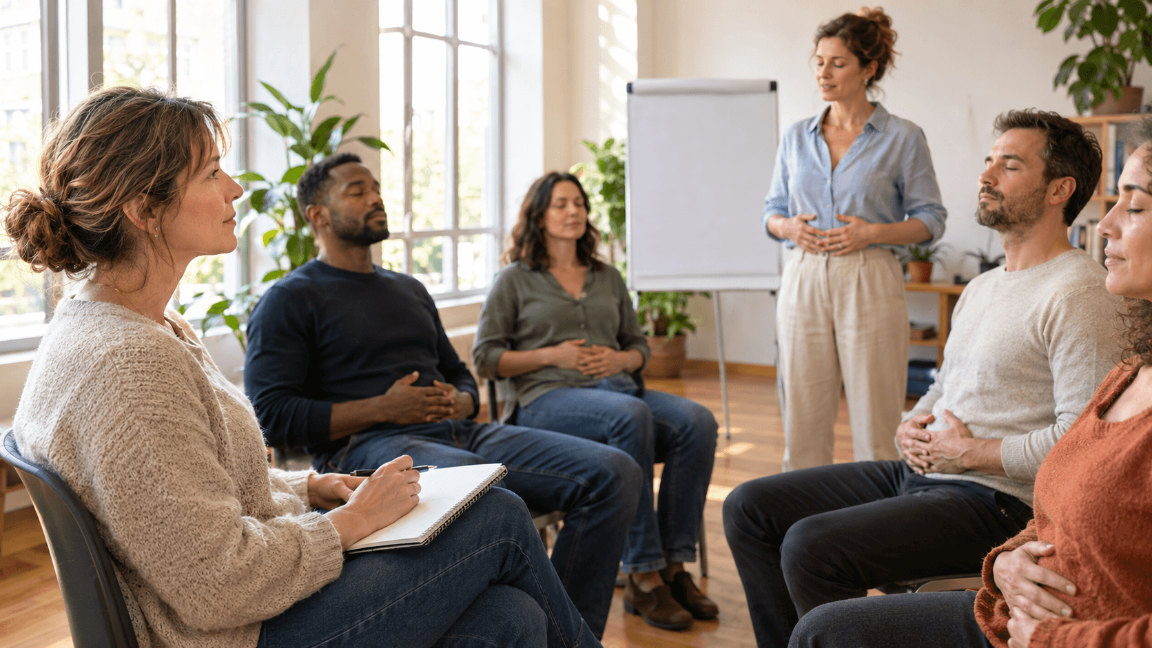 Femme prenant des notes pendant qu'une formatrice guide un exercice de respiration assis auprès d'adultes en formation