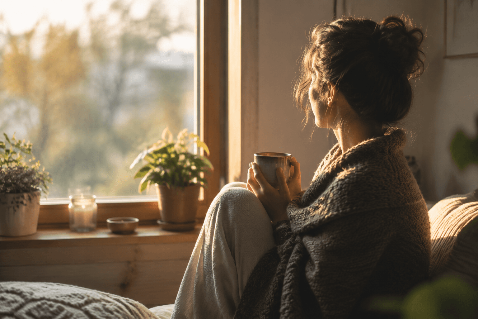 Personne sereine assise près d'une fenêtre dans une lumière douce, en pleine introspection apaisée