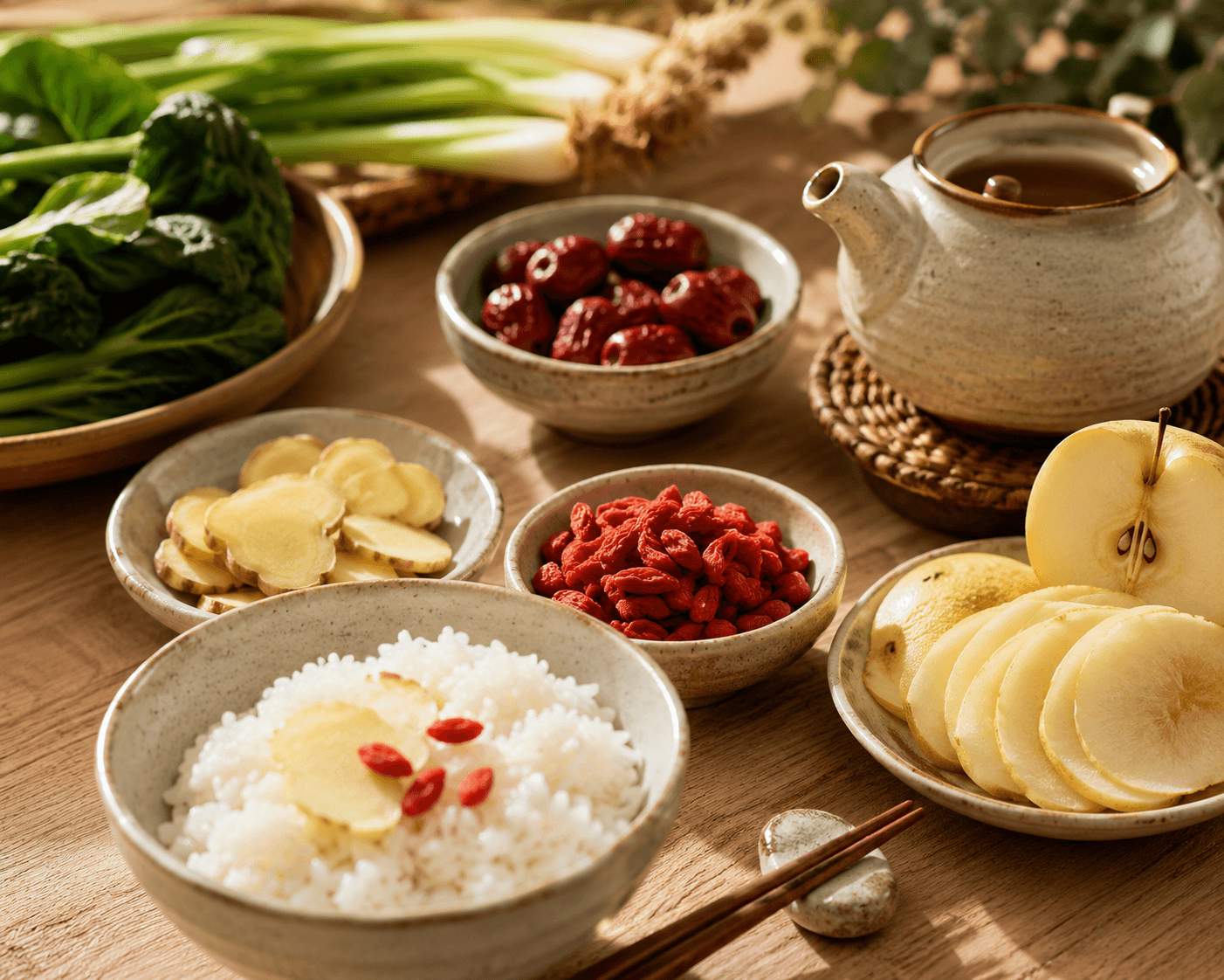 Aliments frais de la diététique chinoise disposés dans des bols sur une table en bois, ambiance douce et chaleureuse