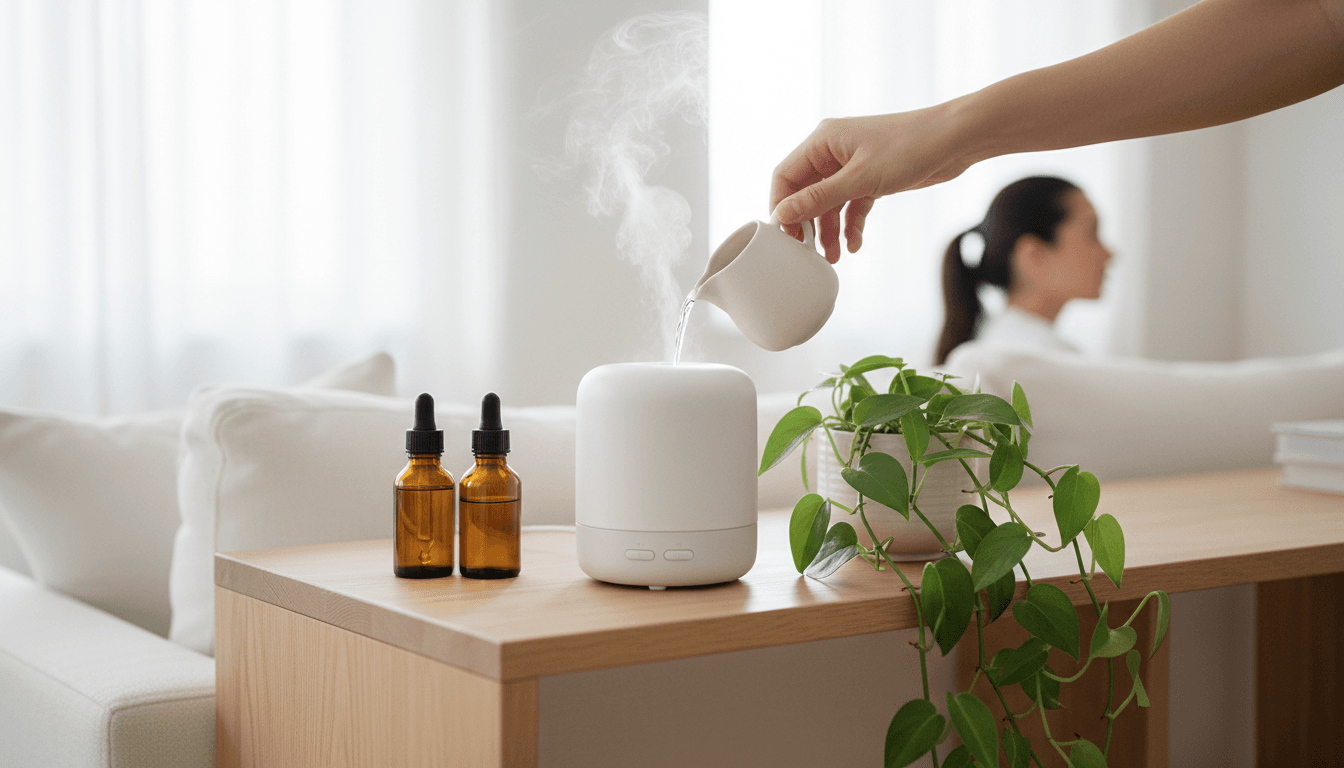 Gros plan d'une main remplissant un diffuseur en céramique, brume fine et flacons à côté