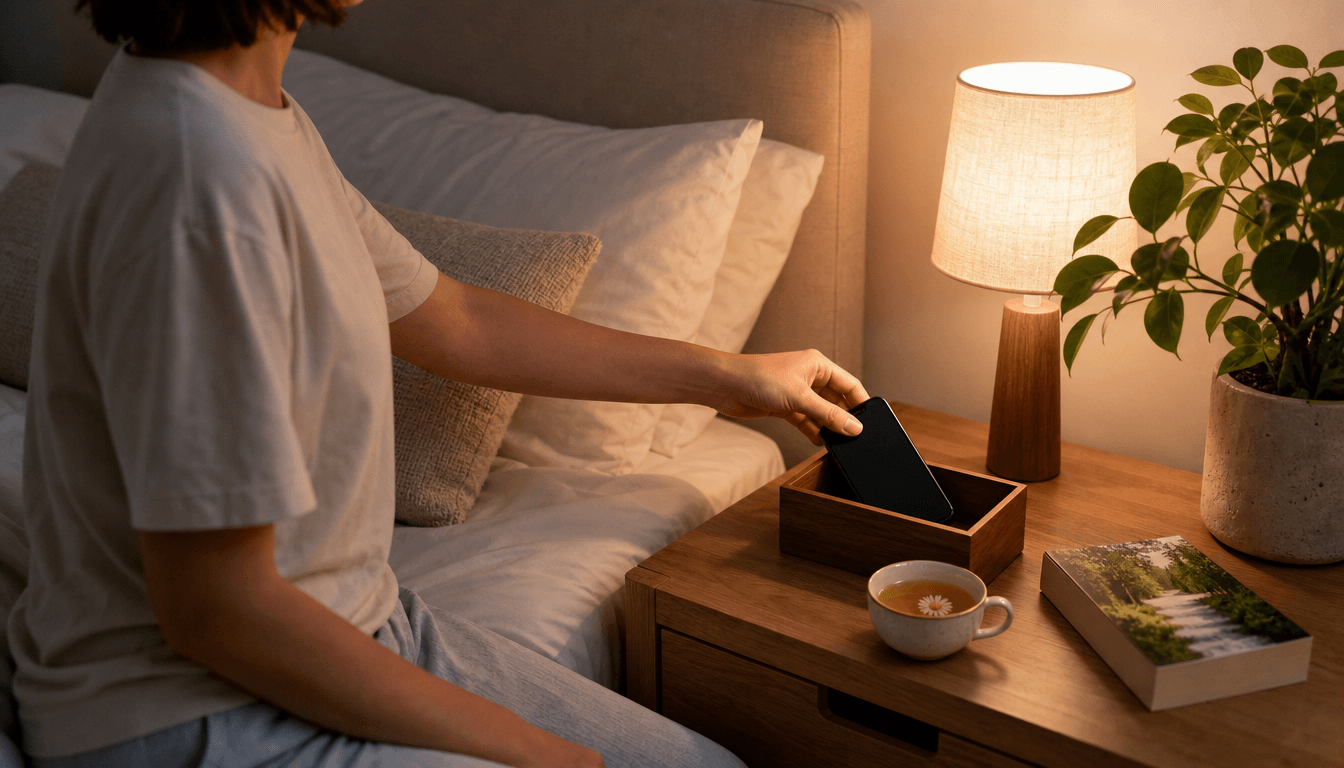 Adulte assis au bord du lit déposant son smartphone dans une boîte en bois, à côté d'un livre et d'une tisane