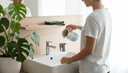 Personne de dos au lavabo versant de l'eau dans une tasse, gratte-langue et serviette sur l'étagère