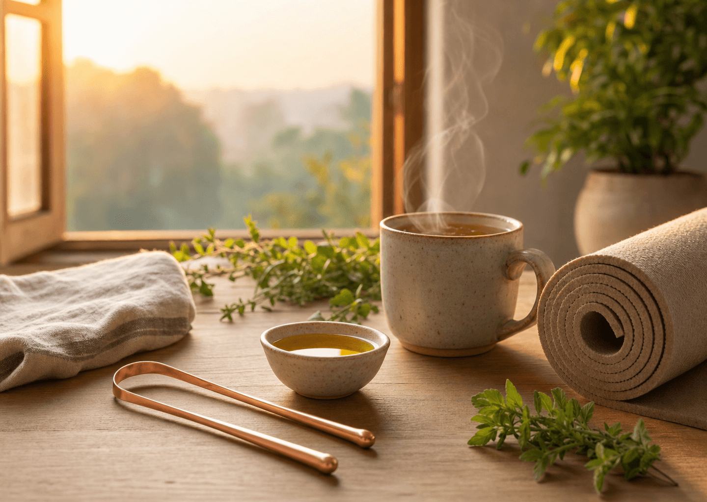 Objets rituels de la routine matinale ayurvédique Dinacharya - gratte-langue en cuivre, bol d'huile de sésame et tisane - disposés dans une lumière douce du matin
