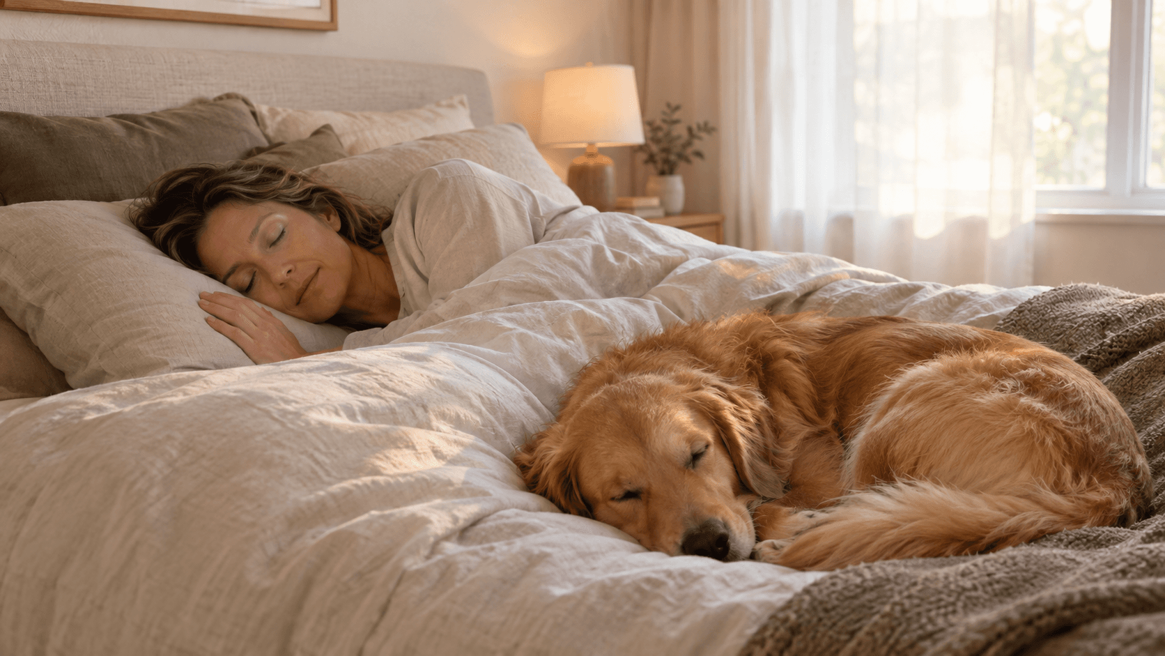 Femme endormie dans un lit aux draps clairs, un chien doré couché au pied du lit dans une chambre en lumière douce