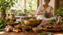 Herbes, épices, huiles et bol en laiton sur une table en bois, évoquant les trois doshas Vata, Pitta et Kapha de l'Ayurvéda