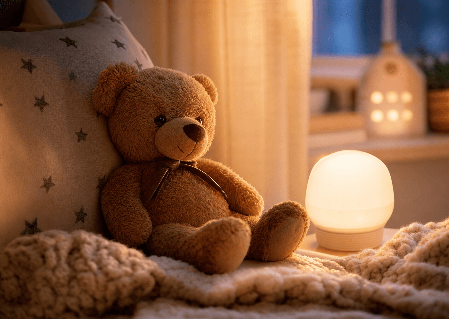 Peluche et veilleuse dans une chambre d'enfant, ambiance douce et rassurante évoquant l'apaisement de la douleur
