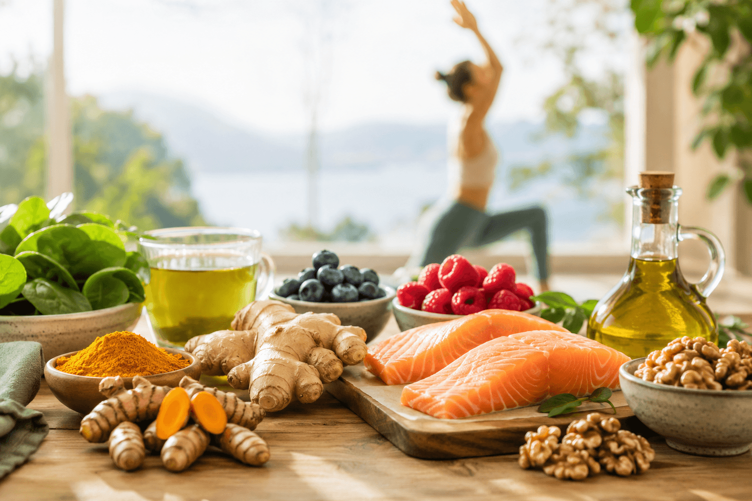 Aliments anti-inflammatoires : curcuma, gingembre, poissons gras, baies et légumes verts sur une table en bois clair