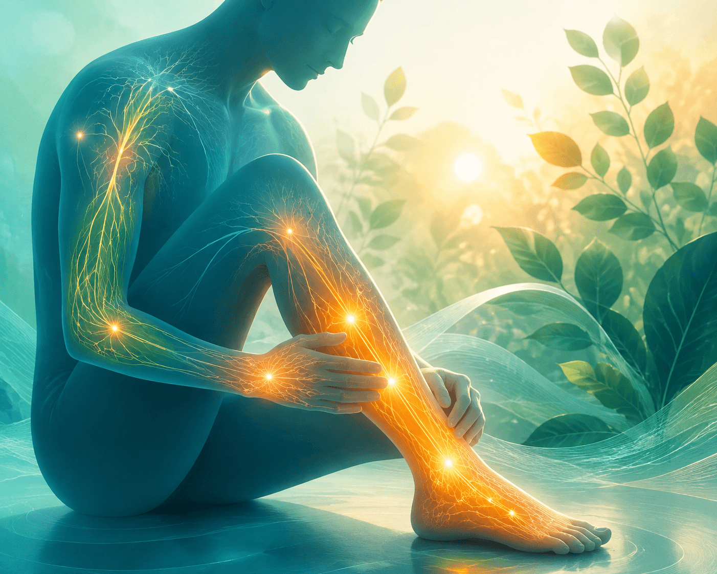 Illustration apaisante d'un réseau nerveux lumineux évoquant le soulagement de la douleur neuropathique