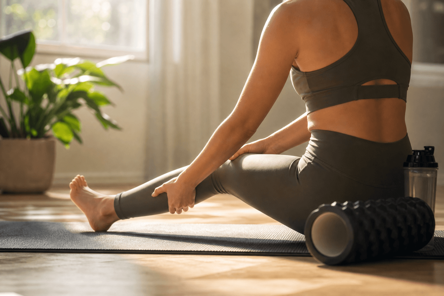 Personne étirant en douceur les muscles des jambes sur un tapis dans une pièce lumineuse, ambiance de récupération musculaire