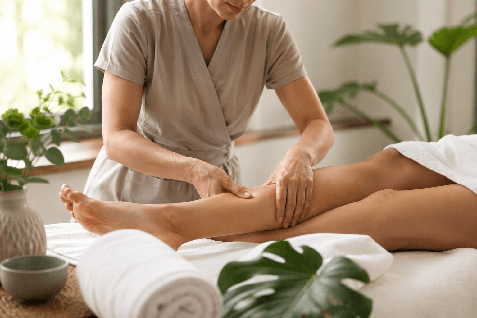 Séance de drainage lymphatique manuel sur la jambe dans un cadre bien-être apaisant