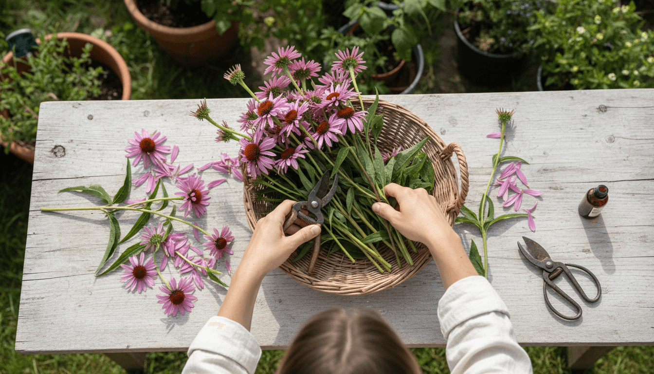 Vue plongeante de mains coupant des fleurs d'échinacée au-dessus d'un panier de jardin