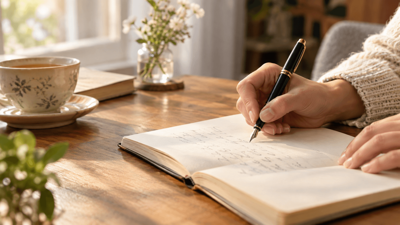 Main tenant un stylo et écrivant dans un carnet ouvert posé sur un bureau en bois, baigné d'une lumière douce et apaisante