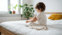 Mains d'un parent appliquant un baume au pli du coude d'un enfant assis sur un lit, vus de profil
