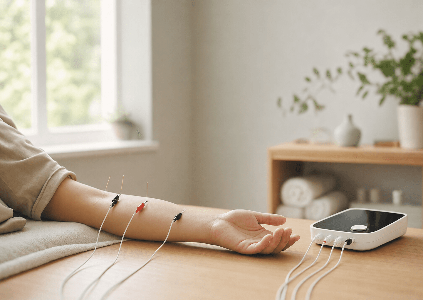 Avant-bras détendu d'un patient avec quelques fines aiguilles d'acupuncture reliées par de discrets fils à un petit appareil d'électrostimulation, dans un cabinet lumineux et apaisant