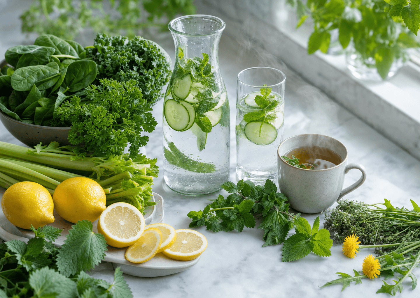Carafe d'eau infusée, tisane fumante, légumes verts frais et agrumes sur un plan lumineux évoquant hydratation et vitalité