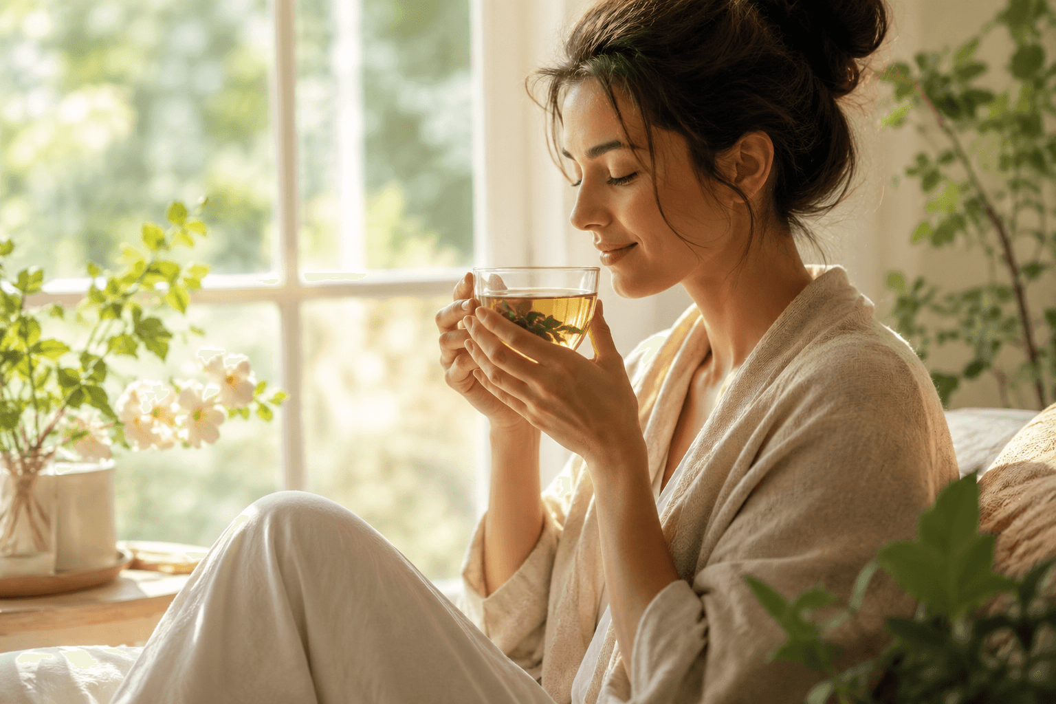 Femme sereine prenant soin d'elle près d'une fenêtre lumineuse, ambiance douce et apaisante